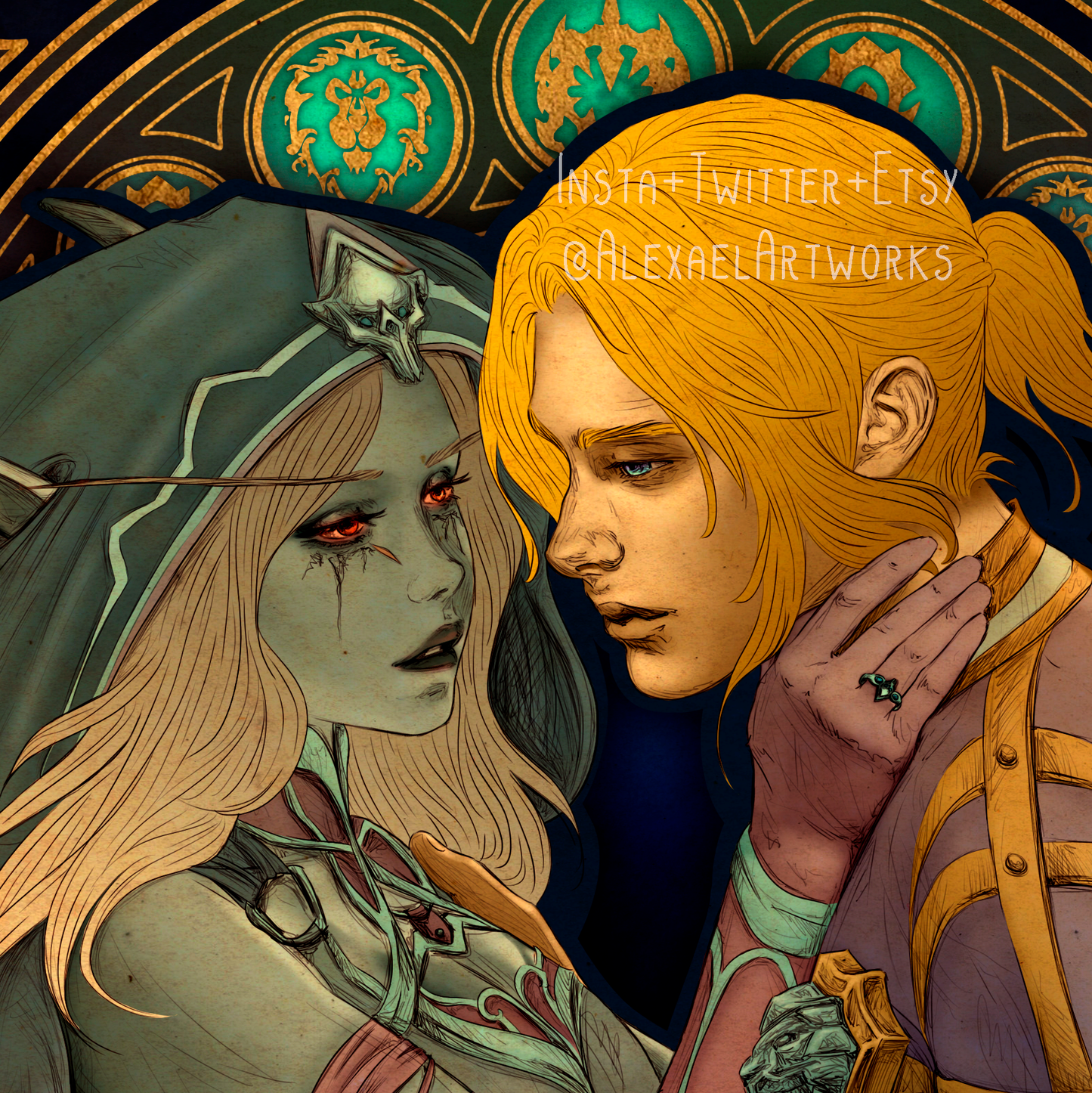 Anduin & Sylvanas in Art Nouveau style