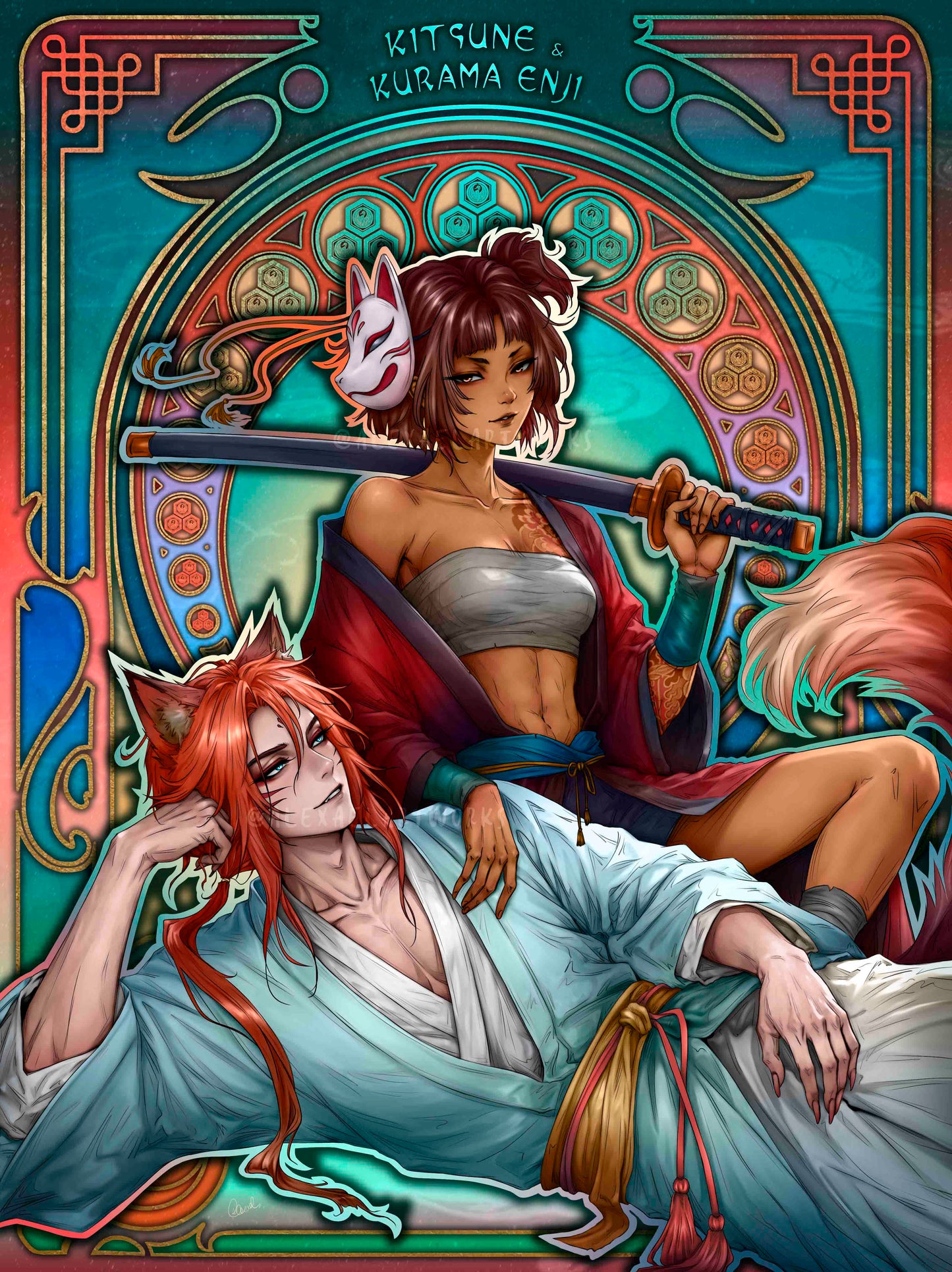 Kitsune & Kurama Enji in Art Nouveau style