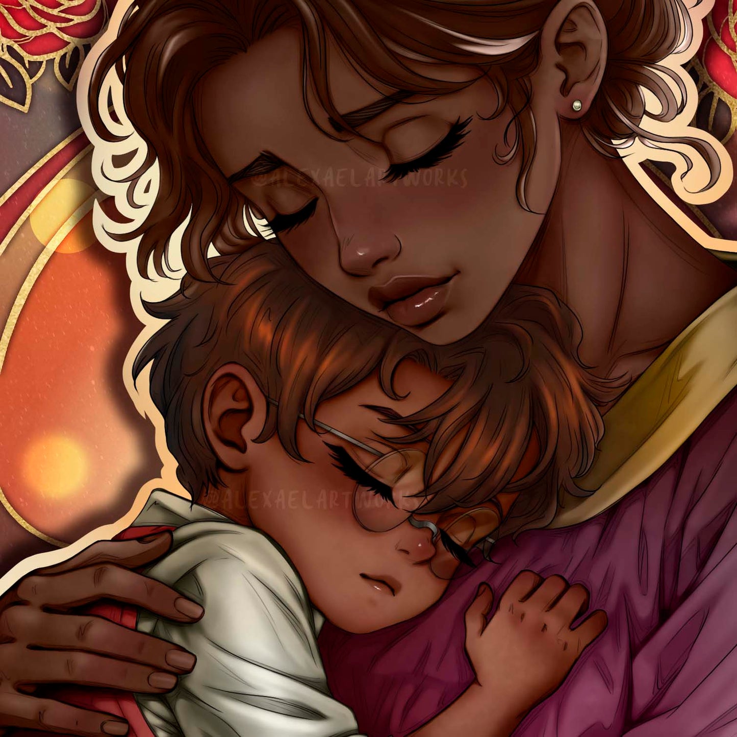Human Alastor and his momma in Art Nouveau style