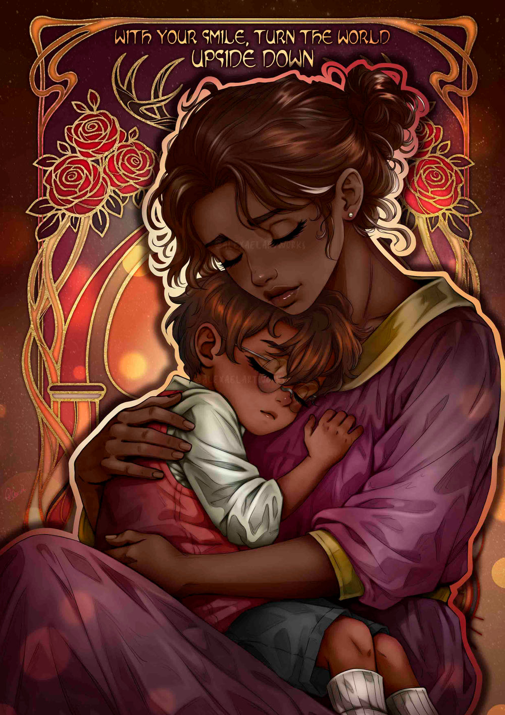 Human Alastor and his momma in Art Nouveau style